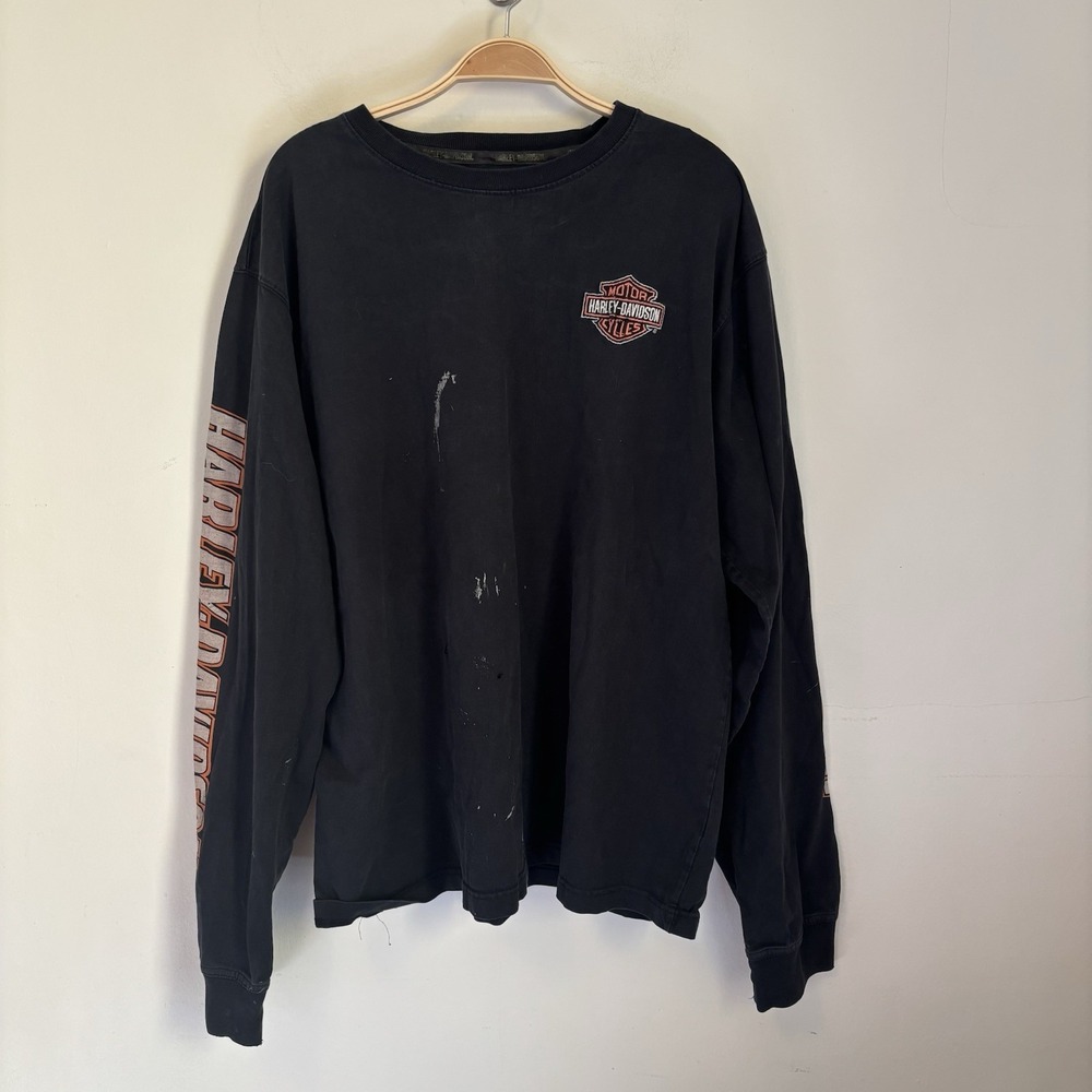 Vintage Harley Davidson Embroidered Biker Long Sleeve Shirt Thrashed XL Black